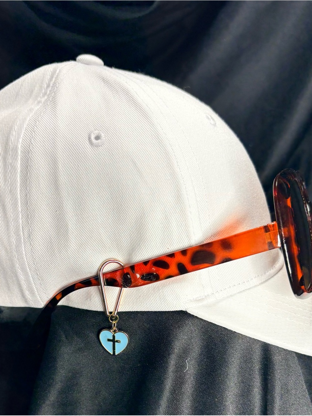 Sunglasses Holder for Baseball Hat with Blue Heart Cross Charm